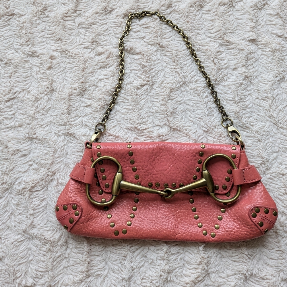 Wilsons Leather Pink Clutch with Chain Strap and Gold Accents